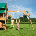 Canyon Creek All Cedar Swing Set Playset w/ Rockwall Upper Fort Belt Swings Web Swing Gray Wave Slide, and Play Kitchen - Image 3