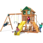 Outing III Wooden Outdoor Playground with Wood Roof, Monkey Bars, Slide, Swings set, and Backyard Playset Accessories - Image 9