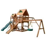 Gorilla Playsets Pioneer Peak Treehouse Wooden Swing Set with Tire Swing, and Clatter Bridge and Tower